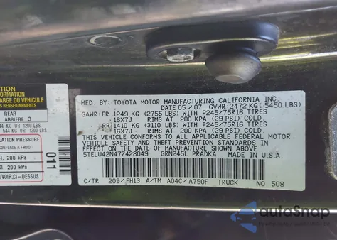 2007 Toyota Tacoma Base V6 из США, поврежденный, VIN 5TELU42N47Z428049